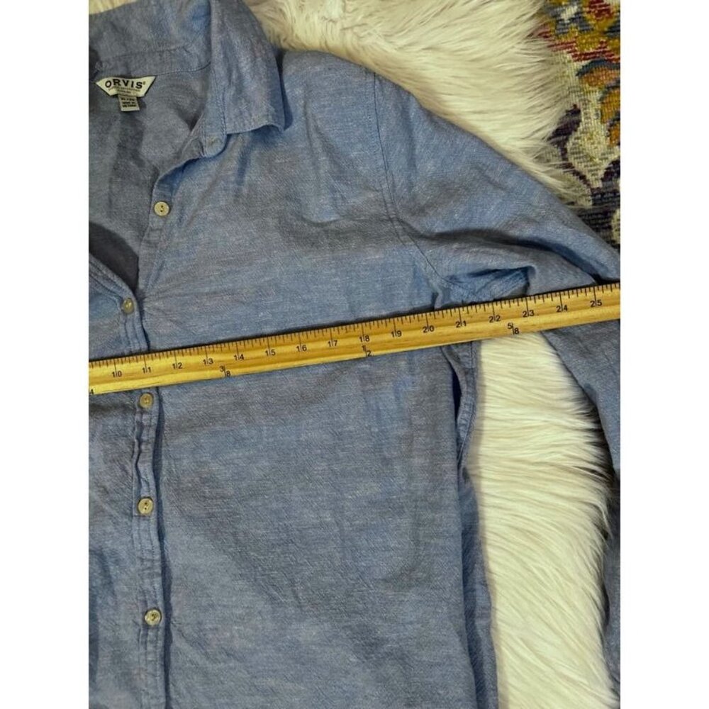 Orvis Button Front Shirt Women's XL Blue Linen Solid Long Sleeve Roll Tab Collar - Picture 3 of 6
